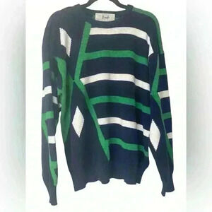 Pringle Of Scotland Men's Medium Sweater Hand Intarsia 100% Cotton Navy Green